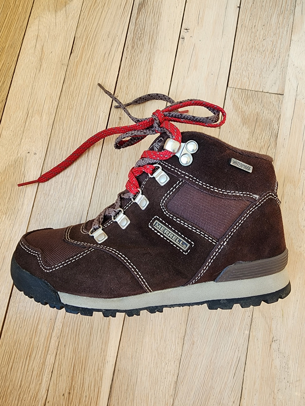 Merrell Kids Dark Brown Suede Hiking Boot with Red Laces